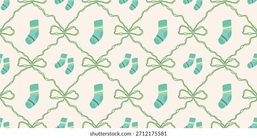 Cute Baby Socks Seamless Pattern with Bows. Coquette Nursery Background. Perfect for Kids Fabric, Wrapping Paper, Baby Shower Decor, Wallpaper