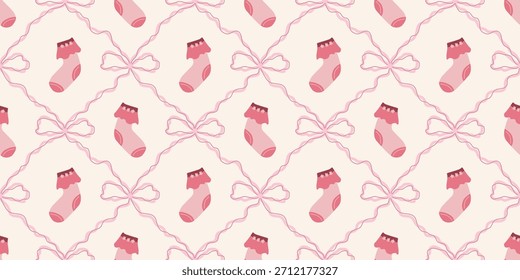Bonito Baby Socks Padrão sem emenda com arcos. Coquette Nursery Background (em inglês). Perfeito para crianças tecido, papel de embrulho, decoração do chuveiro do bebê, papel de parede