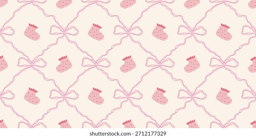 Lindo patrón de calcetines de bebé sin fisuras con lazos. Fondo del vivero de Coquette. Perfecto para la tela de los niños, papel de embalaje, decoración de la ducha del bebé, Fondo de pantalla