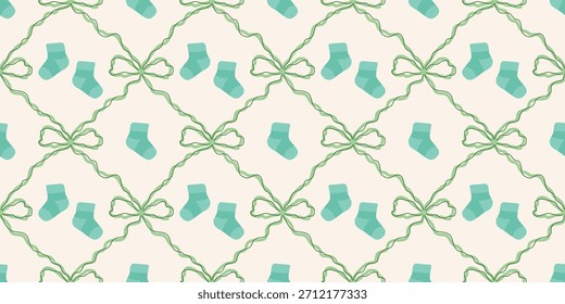 Lindo patrón de calcetines de bebé sin fisuras con lazos. Fondo del vivero de Coquette. Perfecto para la tela de los niños, papel de embalaje, decoración de la ducha del bebé, Fondo de pantalla