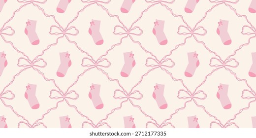 Cute Baby Socks Seamless Pattern with Bows. Coquette Nursery Background. Perfect for Kids Fabric, Wrapping Paper, Baby Shower Decor, Wallpaper