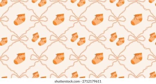 Lindo patrón de calcetines de bebé sin fisuras con lazos. Fondo del vivero de Coquette. Perfecto para la tela de los niños, papel de embalaje, decoración de la ducha del bebé, Fondo de pantalla