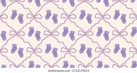 Lindo patrón de calcetines de bebé sin fisuras con lazos. Fondo del vivero de Coquette. Perfecto para la tela de los niños, papel de embalaje, decoración de la ducha del bebé, Fondo de pantalla
