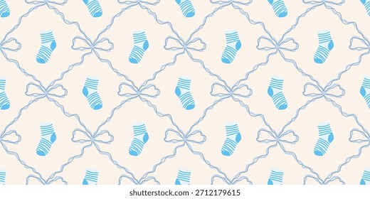 Nette Baby Socken Nahtloses Muster mit Bögen. Kokette Kindergarten Hintergrund. Perfekt für Kindergewebe, Umhüllungspapier, Babyduschdekor, Tapete