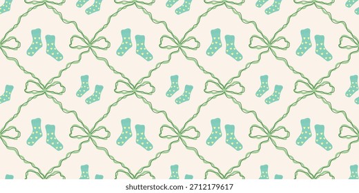 Lindo patrón de calcetines de bebé sin fisuras con lazos. Fondo del vivero de Coquette. Perfecto para la tela de los niños, papel de embalaje, decoración de la ducha del bebé, Fondo de pantalla