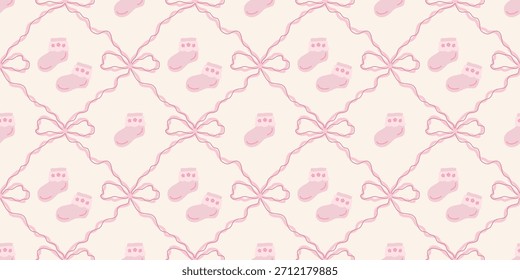 Nette Baby Socken Nahtloses Muster mit Bögen. Kokette Kindergarten Hintergrund. Perfekt für Kindergewebe, Umhüllungspapier, Babyduschdekor, Tapete