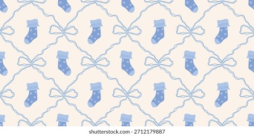 Lindo patrón de calcetines de bebé sin fisuras con lazos. Fondo del vivero de Coquette. Perfecto para la tela de los niños, papel de embalaje, decoración de la ducha del bebé, Fondo de pantalla