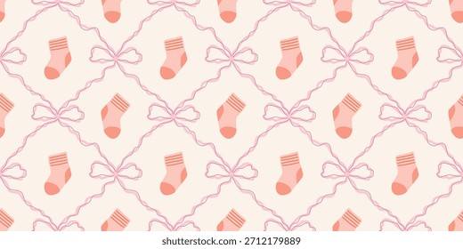 Cute Baby Socks Seamless Pattern with Bows. Coquette Nursery Background. Perfect for Kids Fabric, Wrapping Paper, Baby Shower Decor, Wallpaper