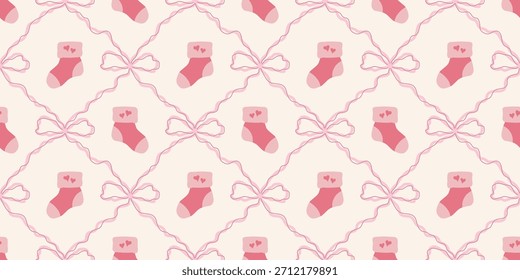 Lindo patrón de calcetines de bebé sin fisuras con lazos. Fondo del vivero de Coquette. Perfecto para la tela de los niños, papel de embalaje, decoración de la ducha del bebé, Fondo de pantalla
