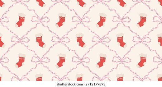 Lindo patrón de calcetines de bebé sin fisuras con lazos. Fondo del vivero de Coquette. Perfecto para la tela de los niños, papel de embalaje, decoración de la ducha del bebé, Fondo de pantalla