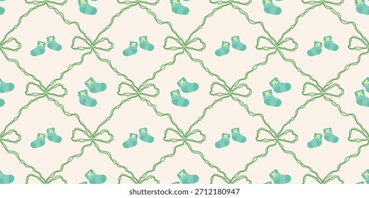 Lindo patrón de calcetines de bebé sin fisuras con lazos. Fondo del vivero de Coquette. Perfecto para la tela de los niños, papel de embalaje, decoración de la ducha del bebé, Fondo de pantalla