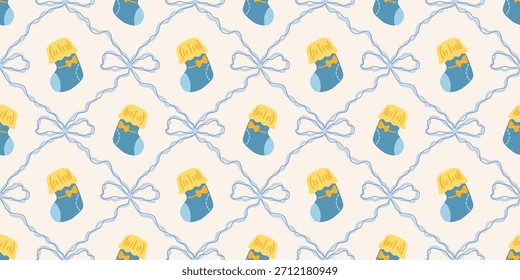 Lindo patrón de calcetines de bebé sin fisuras con lazos. Fondo del vivero de Coquette. Perfecto para la tela de los niños, papel de embalaje, decoración de la ducha del bebé, Fondo de pantalla