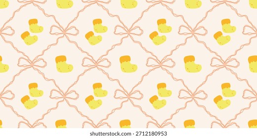 Lindo patrón de calcetines de bebé sin fisuras con lazos. Fondo del vivero de Coquette. Perfecto para la tela de los niños, papel de embalaje, decoración de la ducha del bebé, Fondo de pantalla
