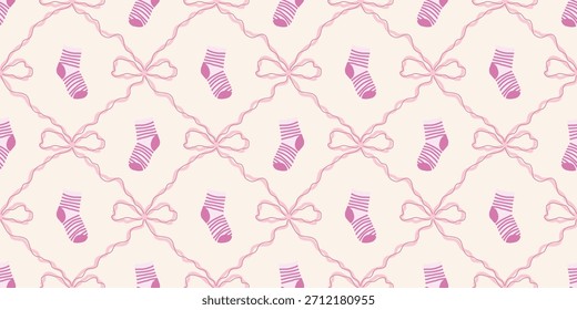 Cute Baby Socks Seamless Pattern with Bows. Coquette Nursery Background. Perfect for Kids Fabric, Wrapping Paper, Baby Shower Decor, Wallpaper