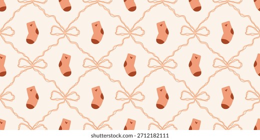 Nette Baby Socken Nahtloses Muster mit Bögen. Kokette Kindergarten Hintergrund. Perfekt für Kindergewebe, Umhüllungspapier, Babyduschdekor, Tapete