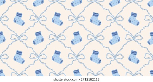 Lindo patrón de calcetines de bebé sin fisuras con lazos. Fondo del vivero de Coquette. Perfecto para la tela de los niños, papel de embalaje, decoración de la ducha del bebé, Fondo de pantalla