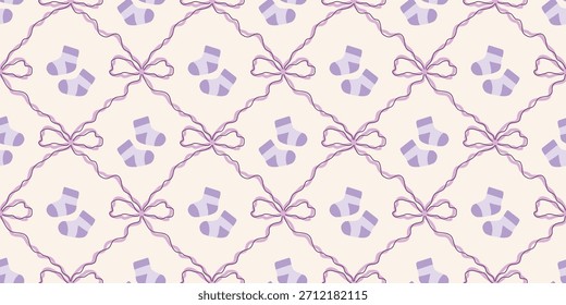 Nette Baby Socken Nahtloses Muster mit Bögen. Kokette Kindergarten Hintergrund. Perfekt für Kindergewebe, Umhüllungspapier, Babyduschdekor, Tapete