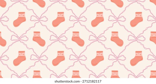 Lindo patrón de calcetines de bebé sin fisuras con lazos. Fondo del vivero de Coquette. Perfecto para la tela de los niños, papel de embalaje, decoración de la ducha del bebé, Fondo de pantalla