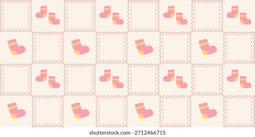 Patrón sin fisuras de calcetines de bebé lindo. Coquette Patchwork Quilt Fondo de vivero para la tela de los niños, papel de embalaje, decoración de la ducha del bebé, y Fondo de pantalla