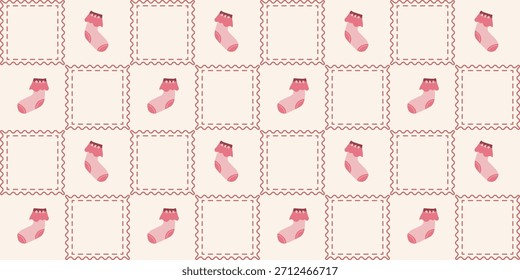 Patrón sin fisuras de calcetines de bebé lindo. Coquette Patchwork Quilt Fondo de vivero para la tela de los niños, papel de embalaje, decoración de la ducha del bebé, y Fondo de pantalla