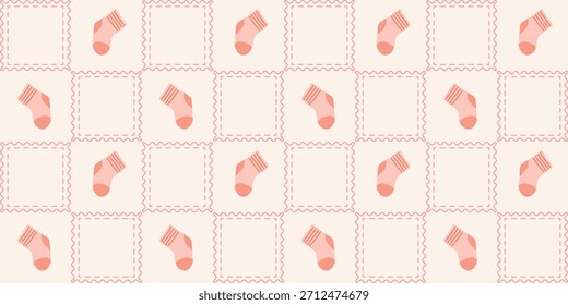 Patrón sin fisuras de calcetines de bebé lindo. Coquette Patchwork Quilt Fondo de vivero para la tela de los niños, papel de embalaje, decoración de la ducha del bebé, y Fondo de pantalla
