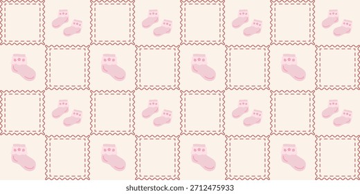 Patrón sin fisuras de calcetines de bebé lindo. Coquette Patchwork Quilt Fondo de vivero para la tela de los niños, papel de embalaje, decoración de la ducha del bebé, y Fondo de pantalla