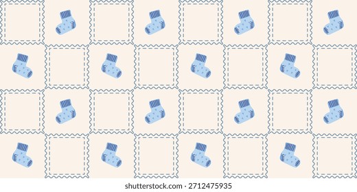 Cute Baby Socks Seamless Pattern. Coquette Patchwork Quilt Nursery Background for Kids Fabric, Wrapping Paper, Baby Shower Decor, and Wallpaper
