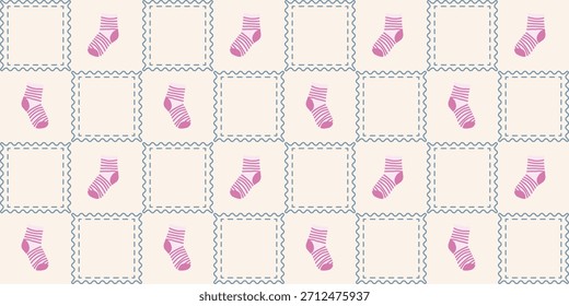 Patrón sin fisuras de calcetines de bebé lindo. Coquette Patchwork Quilt Fondo de vivero para la tela de los niños, papel de embalaje, decoración de la ducha del bebé, y Fondo de pantalla