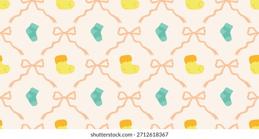 Nette Baby Socken Nahtloses Muster mit Bögen. Kokette Kindergarten Hintergrund. Perfekt für Kindergewebe, Umhüllungspapier, Babyduschdekor, Tapete
