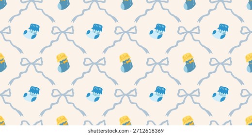 Lindo patrón de calcetines de bebé sin fisuras con lazos. Fondo del vivero de Coquette. Perfecto para la tela de los niños, papel de embalaje, decoración de la ducha del bebé, Fondo de pantalla
