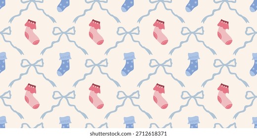 Nette Baby Socken Nahtloses Muster mit Bögen. Kokette Kindergarten Hintergrund. Perfekt für Kindergewebe, Umhüllungspapier, Babyduschdekor, Tapete
