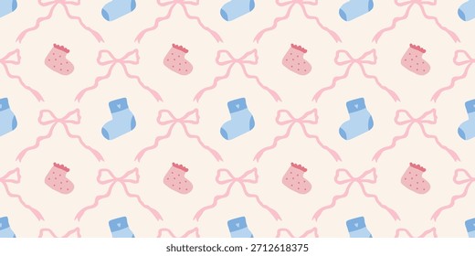 Lindo patrón de calcetines de bebé sin fisuras con lazos. Fondo del vivero de Coquette. Perfecto para la tela de los niños, papel de embalaje, decoración de la ducha del bebé, Fondo de pantalla
