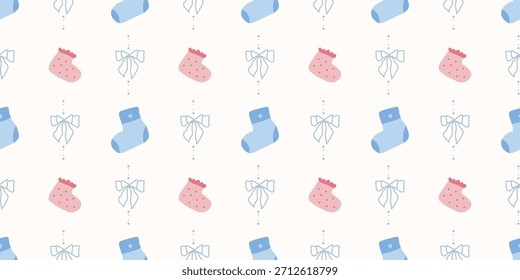 Lindo patrón de calcetines de bebé sin fisuras con lazos. Fondo del vivero de Coquette. Perfecto para la tela de los niños, papel de embalaje, decoración de la ducha del bebé, Fondo de pantalla
