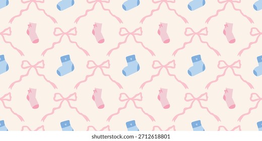 Nette Baby Socken Nahtloses Muster mit Bögen. Kokette Kindergarten Hintergrund. Perfekt für Kindergewebe, Umhüllungspapier, Babyduschdekor, Tapete
