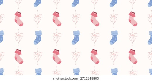 Lindo patrón de calcetines de bebé sin fisuras con lazos. Fondo del vivero de Coquette. Perfecto para la tela de los niños, papel de embalaje, decoración de la ducha del bebé, Fondo de pantalla
