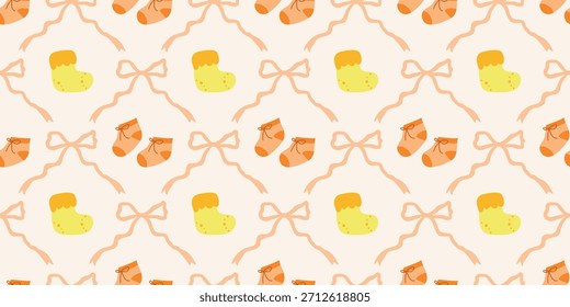 Lindo patrón de calcetines de bebé sin fisuras con lazos. Fondo del vivero de Coquette. Perfecto para la tela de los niños, papel de embalaje, decoración de la ducha del bebé, Fondo de pantalla
