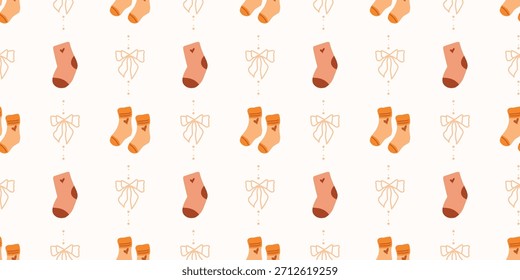 Lindo patrón de calcetines de bebé sin fisuras con lazos. Fondo del vivero de Coquette. Perfecto para la tela de los niños, papel de embalaje, decoración de la ducha del bebé, Fondo de pantalla
