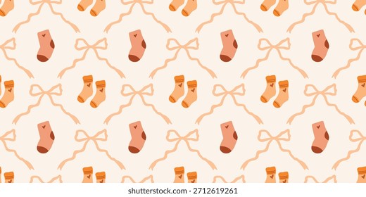 Lindo patrón de calcetines de bebé sin fisuras con lazos. Fondo del vivero de Coquette. Perfecto para la tela de los niños, papel de embalaje, decoración de la ducha del bebé, Fondo de pantalla

