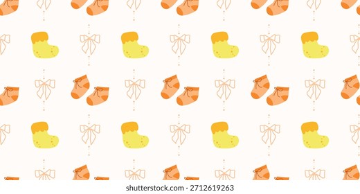 Lindo patrón de calcetines de bebé sin fisuras con lazos. Fondo del vivero de Coquette. Perfecto para la tela de los niños, papel de embalaje, decoración de la ducha del bebé, Fondo de pantalla

