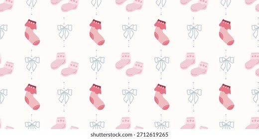 Lindo patrón de calcetines de bebé sin fisuras con lazos. Fondo del vivero de Coquette. Perfecto para la tela de los niños, papel de embalaje, decoración de la ducha del bebé, Fondo de pantalla
