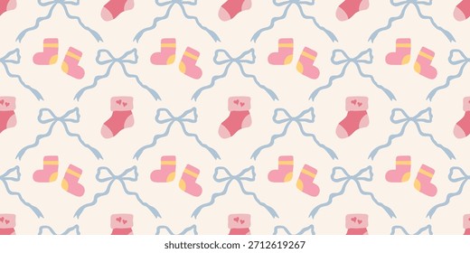 Cute Baby Socks Seamless Pattern with Bows. Coquette Nursery Background. Perfect for Kids Fabric, Wrapping Paper, Baby Shower Decor, Wallpaper
