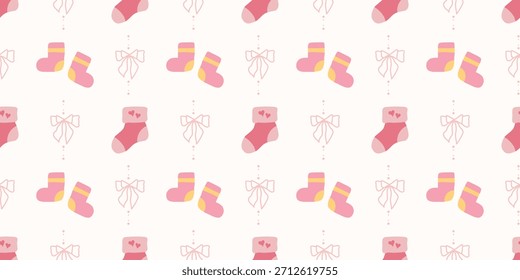 Lindo patrón de calcetines de bebé sin fisuras con lazos. Fondo del vivero de Coquette. Perfecto para la tela de los niños, papel de embalaje, decoración de la ducha del bebé, Fondo de pantalla
