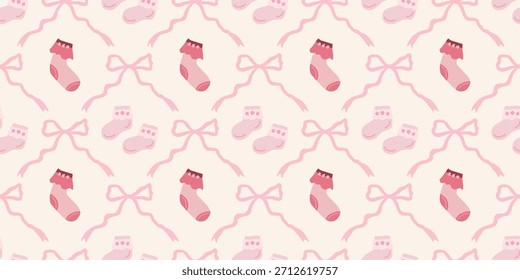 Lindo patrón de calcetines de bebé sin fisuras con lazos. Fondo del vivero de Coquette. Perfecto para la tela de los niños, papel de embalaje, decoración de la ducha del bebé, Fondo de pantalla
