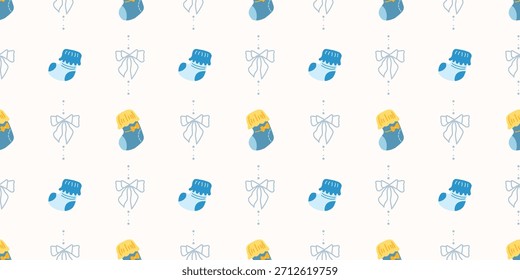Lindo patrón de calcetines de bebé sin fisuras con lazos. Fondo del vivero de Coquette. Perfecto para la tela de los niños, papel de embalaje, decoración de la ducha del bebé, Fondo de pantalla
