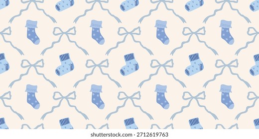 Lindo patrón de calcetines de bebé sin fisuras con lazos. Fondo del vivero de Coquette. Perfecto para la tela de los niños, papel de embalaje, decoración de la ducha del bebé, Fondo de pantalla
