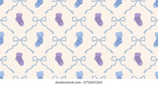 Lindo patrón de calcetines de bebé sin fisuras con lazos. Fondo del vivero de Coquette. Perfecto para la tela de los niños, papel de embalaje, decoración de la ducha del bebé, Fondo de pantalla
