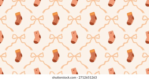 Lindo patrón de calcetines de bebé sin fisuras con lazos. Fondo del vivero de Coquette. Perfecto para la tela de los niños, papel de embalaje, decoración de la ducha del bebé, Fondo de pantalla
