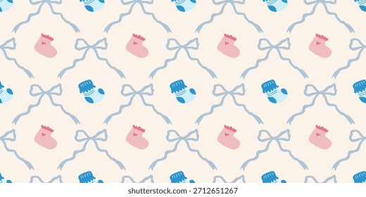 Lindo patrón de calcetines de bebé sin fisuras con lazos. Fondo del vivero de Coquette. Perfecto para la tela de los niños, papel de embalaje, decoración de la ducha del bebé, Fondo de pantalla
