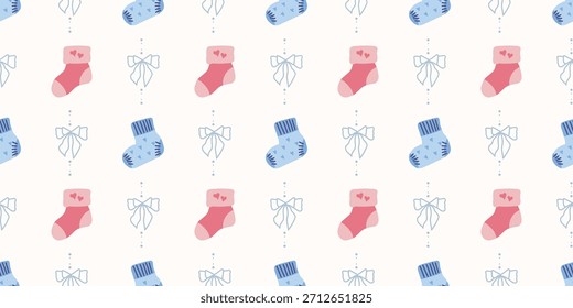 Lindo patrón de calcetines de bebé sin fisuras con lazos. Fondo del vivero de Coquette. Perfecto para la tela de los niños, papel de embalaje, decoración de la ducha del bebé, Fondo de pantalla
