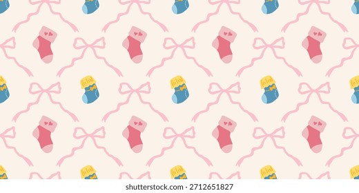 Lindo patrón de calcetines de bebé sin fisuras con lazos. Fondo del vivero de Coquette. Perfecto para la tela de los niños, papel de embalaje, decoración de la ducha del bebé, Fondo de pantalla
